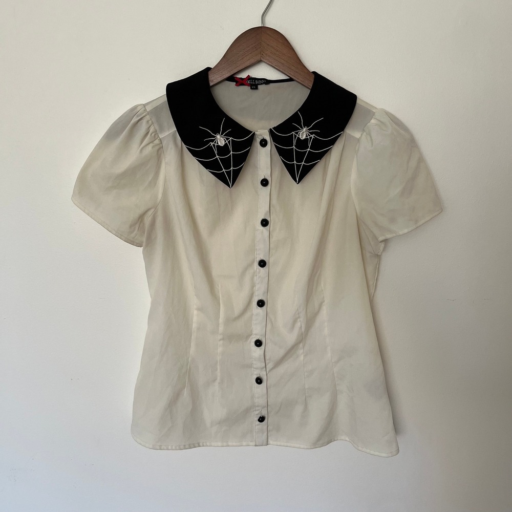 Hell Bunny White Spider Web Embroidered Collar Button Down Blouse XS Black Goth